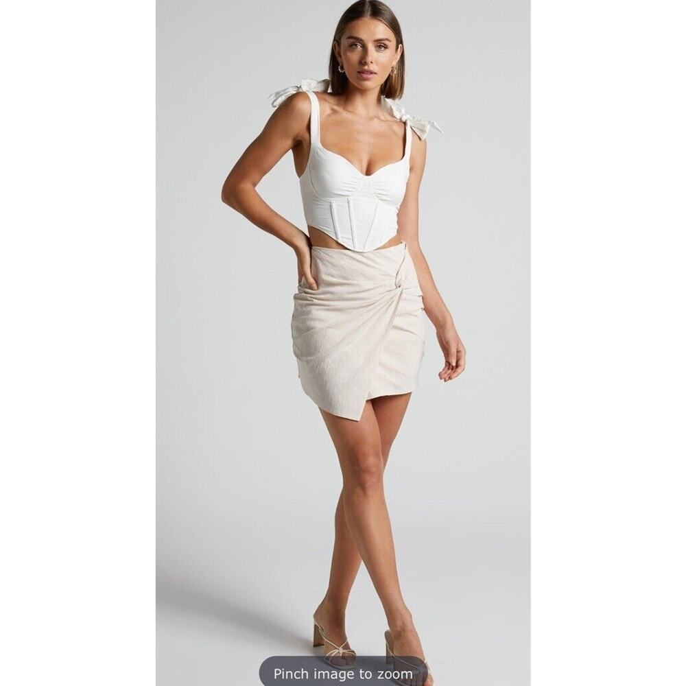 Showpo Kiandra Wrap Mini Skirt Womens Sz 4 Beige Knot Detail Side Zip Lined NWT